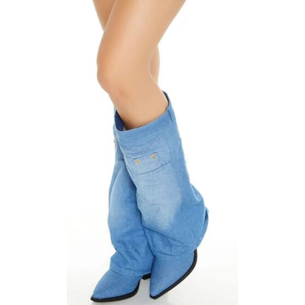 Blue Denim Pant Overlay Pocket Heeled Boots - 6.5